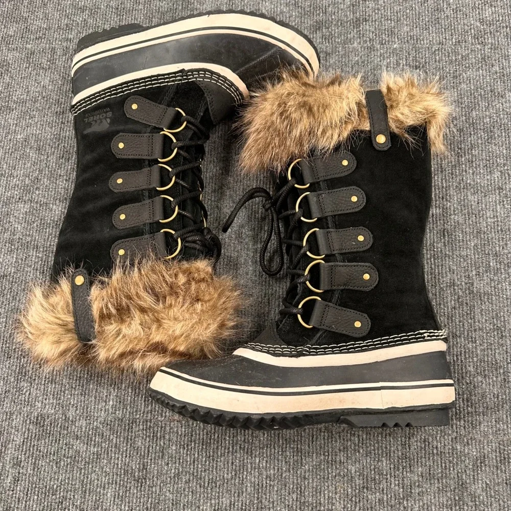 Sorel Joan of Arctic Snow Boots Women 9 Waterproof Faux Fur Black Winter Outdoor